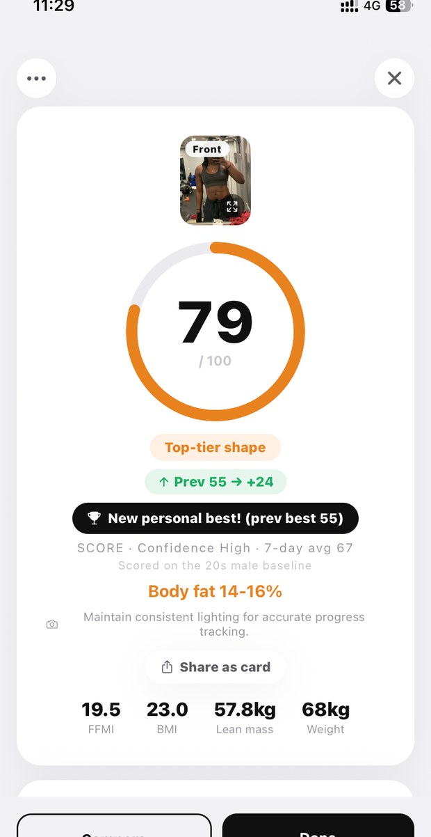 Bodilab AI score screen — overall score 75, body fat %, lean mass, next move