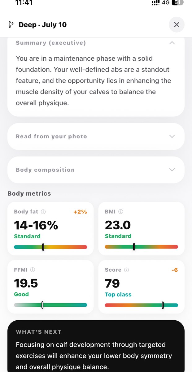 Screen showing body fat and muscle numbers